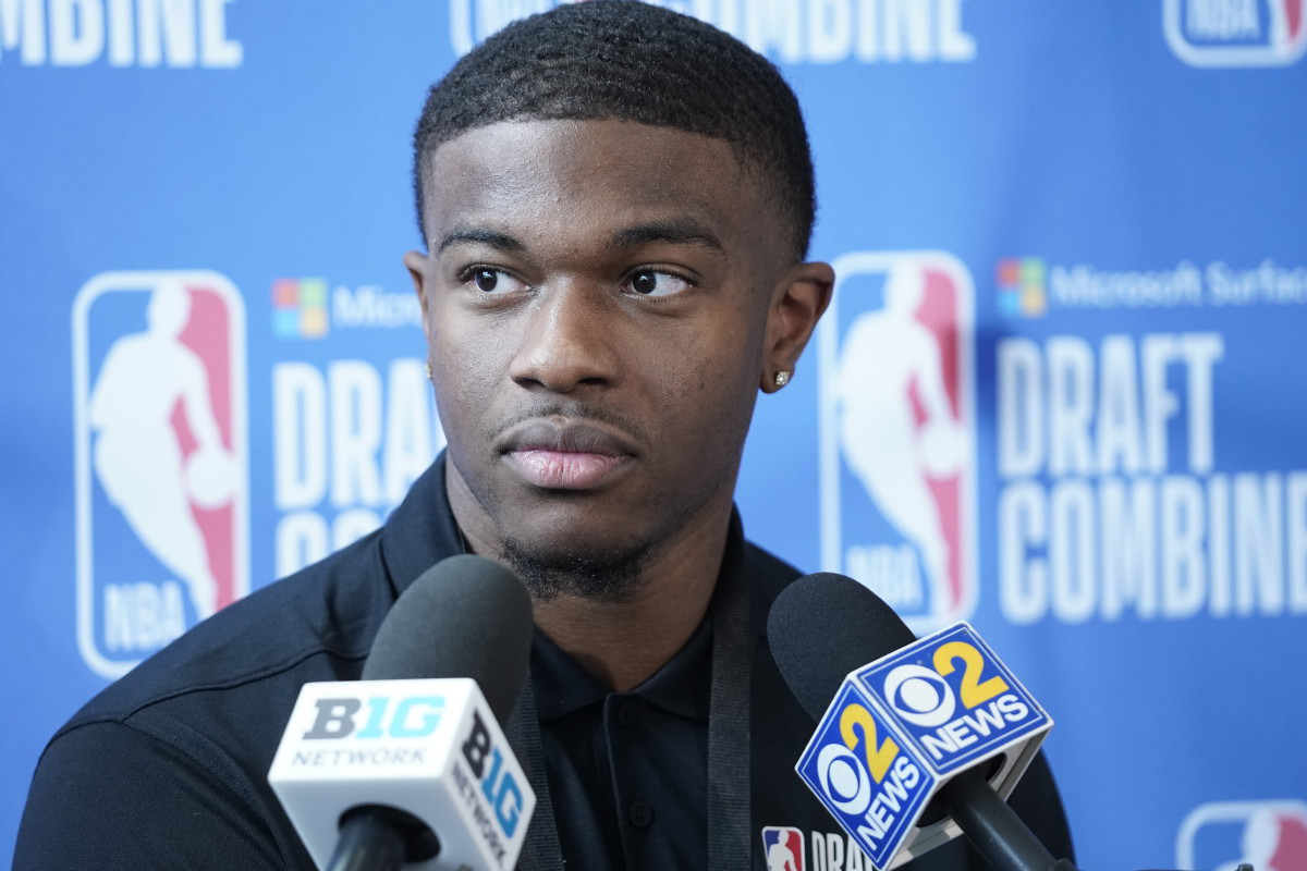 EJ Liddell talks to the media during the 2022 NBA Draft Combine at Wintrust Arena.